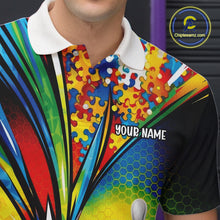 Load image into Gallery viewer, Close-up left chest detail of white bowling polo shirt showcasing autism bowling strike emblem with vibrant puzzle-themed graphics