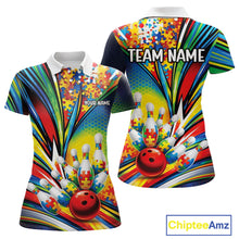 Load image into Gallery viewer, Women’s polo shirt mockup front and back showing autism bowling lane inspired design with colorful puzzle-themed graphics