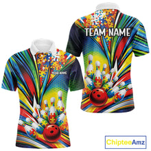 Load image into Gallery viewer, Men’s bowling polo shirt mockup front and back displaying vibrant autism bowling strike theme with colorful puzzle artwork