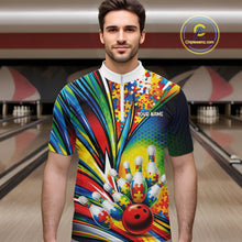 Load image into Gallery viewer, In A Bowling Lane, Front View Male Model Wearing Quarter-Zip Shirt Showcasing Colorful Autism-Themed Bowling Strike Illustration With Vibrant Puzzle Graphics