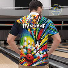 Load image into Gallery viewer, Male Model At Bowling Alley Front View Wearing Bowling Quarter-Zip Featuring Autism Puzzle Motif And Dynamic Bowling Strike Artwork In Bright Colors
