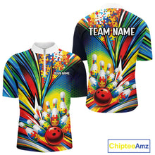 Load image into Gallery viewer, Front And Back View Of Mens Bowling Quarter-Zip Mockup Highlighting Autism Bowling Strike Illustration With Colorful Puzzle Pattern Graphics