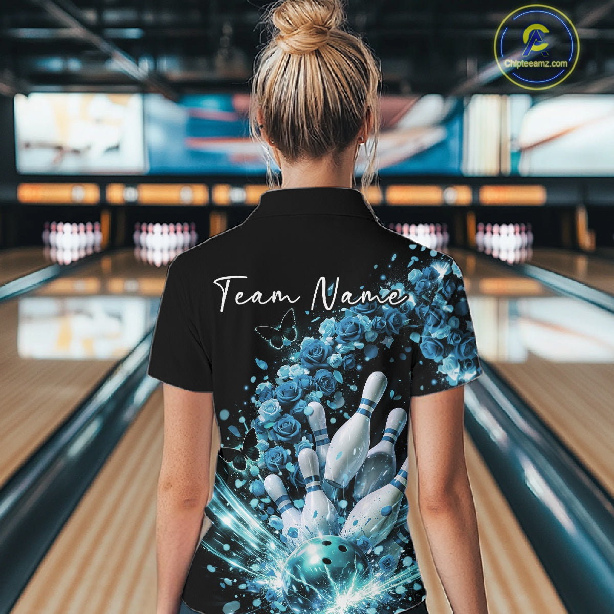 Custom Blue Roses And Butterfly Women Bowling Shirt, Flower Ladies Bowling League Shirt IPHW10885