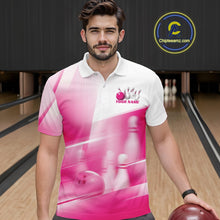 Load image into Gallery viewer, Male model front view at a bowling lane wearing a white and pink bowling polo shirt with bowling ball and pins geometric graphics.