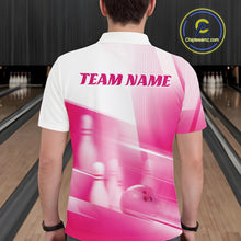 Load image into Gallery viewer, Back view of a male model in a bowling lane wearing a white and pink polo shirt with bowling ball and pins geometric artwork.