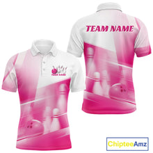 Load image into Gallery viewer, Front and back white and pink men’s bowling polo shirt mockup with bowling ball and pins over a pink geometric pattern background.