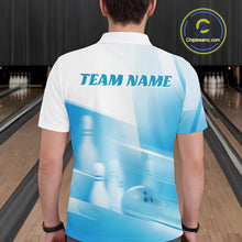 Load image into Gallery viewer, Back view of a male model in a bowling lane wearing a white and blue polo shirt with bowling ball and pins over a pink geometric pattern.