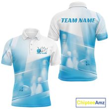 Load image into Gallery viewer, White and blue men’s bowling polo shirt mockup shown front and back with bowling ball and pins over a pink geometric background.