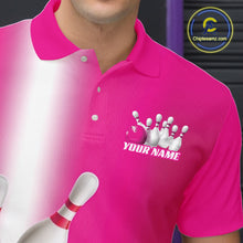 Load image into Gallery viewer, Close up left chest view of a bowling polo shirt with bowling ball and pins motif flowing through a pink gradient layout.