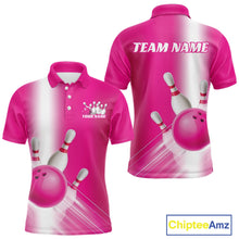 Load image into Gallery viewer, Front and back men’s bowling polo shirt mockup featuring bowling ball and pins artwork flowing through a pink gradient design.