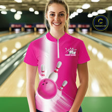 Load image into Gallery viewer, Front view female model at the bowling lane wearing a quarter zip shirt with bowling ball and pins flowing across a pink gradient design.