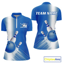 Load image into Gallery viewer, Front and back women’s bowling quarter zip mockup with bowling ball and pins graphics flowing through a blue gradient design.