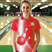 Load image into Gallery viewer, Front view of a female model in a bowling lane wearing a bowling polo shirt with bowling ball and pins flowing through a red gradient design.