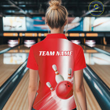 Load image into Gallery viewer, Back view female model at the bowling lane wearing a polo shirt with bowling ball and pins flowing through a red gradient layout.