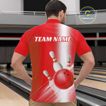 Load image into Gallery viewer, Male model front view at the bowling lane wearing a bowling quarter zip shirt with bowling ball and pins flowing across a red gradient pattern.