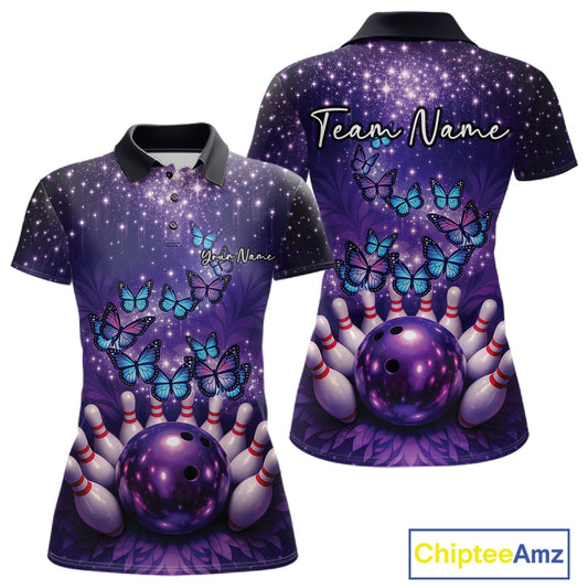 Custom Blue And Purple Buttefly Ladies Bowling Team Shirt, Women Bowler Outfits IPHW10918