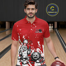 Load image into Gallery viewer, In a bowling lane, male model wearing a red and white polo shirt, humorous drunk cartoon bowling pin holding a beer bottle and bowling ball with splatter-style background design.