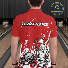 Load image into Gallery viewer, Back view of a male bowler wearing a red and white polo shirt, splatter-textured drunk bowling pin illustration holding beer bottle and bowling ball.