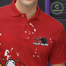 Load image into Gallery viewer, Close-up view of left chest area of a red and white polo shirt, showing detailed drunk bowling pin graphic holding beer bottle and bowling ball.