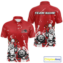 Load image into Gallery viewer, Front and back view of a men’s polo shirt mockup in red and white, featuring splatter-style drunk bowling pin holding beer bottle and bowling ball.