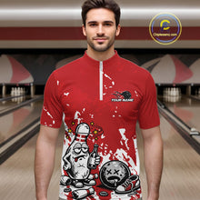 Load image into Gallery viewer, Male model in a bowling lane wearing a red and white quarter-zip shirt, humorous splatter bowling pin artwork holding beer bottle and bowling ball.