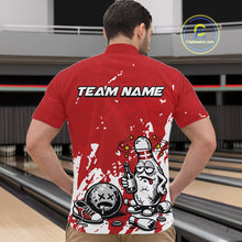 Load image into Gallery viewer, In a bowling lane, male model wearing a red and white quarter-zip shirt, humorous drunk cartoon bowling pin holding a beer bottle and bowling ball with splatter-style background artwork.