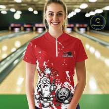 Load image into Gallery viewer, Front view female model in red and white quarter zip bowling shirt in bowling lane, cartoon beer drinking bowling pin graphic design