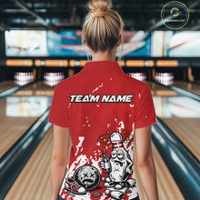 Load image into Gallery viewer, Back view female model wearing red and white quarter zip bowling shirt in bowling lane, humorous bowling pin beer bottle illustration