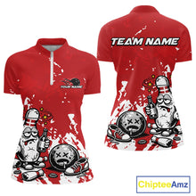 Load image into Gallery viewer, Women’s quarter zip bowling shirt mockup in red and white splatter background, funny bowling pin holding beer bottle and bowling ball artwork