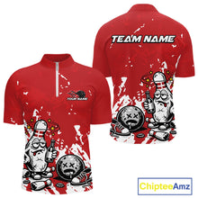Load image into Gallery viewer, Front and back view of a men’s quarter-zip bowling shirt mockup in red and white, featuring splatter-style drunk bowling pin illustration with beer and ball.