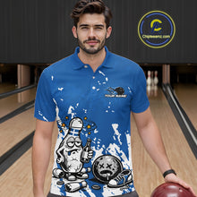 Load image into Gallery viewer, Male model in a bowling lane wearing a blue and white polo shirt, humorous drunk bowling pin artwork with beer bottle and bowling ball.