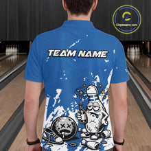 Load image into Gallery viewer, Back view of a male bowler wearing a blue and white polo shirt, splatter-style drunk bowling pin illustration holding beer bottle and bowling ball.