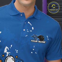 Load image into Gallery viewer, Close-up view of left chest area of a blue and white polo shirt, showing small detailed drunk bowling pin graphic with beer bottle and bowling ball.
