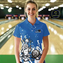 Load image into Gallery viewer, Female model in a bowling lane wearing a blue and white polo shirt, playful drunk bowling pin artwork with beer bottle and bowling ball.