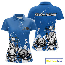 Load image into Gallery viewer, Front and back view of a women’s polo shirt mockup in blue and white, featuring splatter-style drunk bowling pin holding beer bottle and bowling ball design.