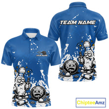 Load image into Gallery viewer, Front and back view of a men’s polo shirt mockup in blue and white, featuring splatter-style drunk bowling pin holding beer bottle and bowling ball.