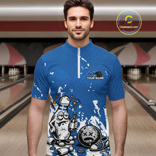 Load image into Gallery viewer, Male model in a bowling lane wearing a blue and white quarter-zip shirt, splatter graphic humorous bowling pin illustration holding beer and ball.