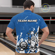 Load image into Gallery viewer, Male model at a bowling lane wearing a blue and white quarter-zip shirt, playful drunk bowling pin artwork with beer bottle and bowling ball design.