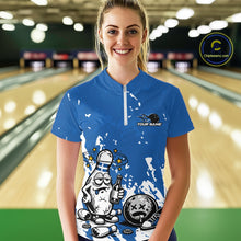 Load image into Gallery viewer, Front view female model in blue and white quarter zip bowling shirt in bowling lane, playful beer themed bowling pin illustration
