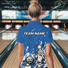 Load image into Gallery viewer, Back view female model wearing blue and white quarter zip bowling shirt in bowling lane, humorous bowling pin with beer bottle graphic