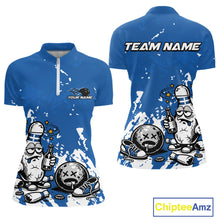 Load image into Gallery viewer, Women’s quarter zip bowling shirt mockup in blue and white splatter background, cartoon bowling pin drinking beer and holding bowling ball artwork