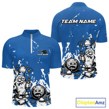 Load image into Gallery viewer, Front and back view of a men’s quarter-zip bowling shirt mockup in blue and white, featuring splatter-style drunk bowling pin with beer bottle and ball.