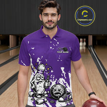 Load image into Gallery viewer, Male model in a bowling lane wearing a purple and white polo shirt, humorous drunk bowling pin illustration with beer bottle and bowling ball over splatter texture.