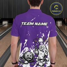 Load image into Gallery viewer, Back view of a male bowler wearing a purple and white polo shirt, splatter-style drunk bowling pin artwork holding beer bottle and bowling ball.