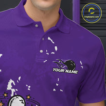 Load image into Gallery viewer, Close-up view of left chest area of a purple and white polo shirt, showing small detailed drunk bowling pin graphic with beer bottle and bowling ball.