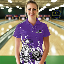 Load image into Gallery viewer, Female model at a bowling lane wearing a purple and white polo shirt, drunk bowling pin illustration with beer bottle and bowling ball over splatter texture.