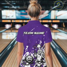 Load image into Gallery viewer, Back view of a female bowler wearing a purple and white polo shirt, splatter-style humorous bowling pin artwork holding beer bottle and bowling ball.