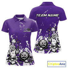 Load image into Gallery viewer, Front and back view of a women’s polo shirt mockup in purple and white, featuring splatter-style drunk bowling pin holding beer bottle and bowling ball artwork.