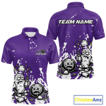 Load image into Gallery viewer, Front and back view of a men’s polo shirt mockup in purple and white, featuring splatter-style drunk bowling pin holding beer bottle and bowling ball.