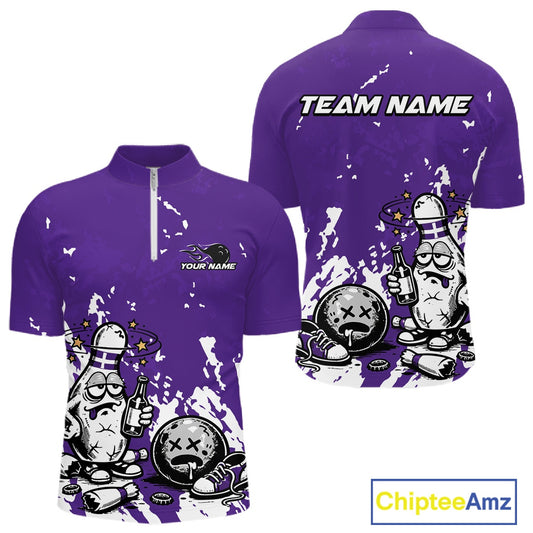 Front and back view of a men’s quarter-zip bowling shirt mockup in purple and white, featuring splatter background drunk bowling pin holding beer and ball.